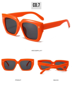 Orange square oversized sunglasses with stud accents showing front, back, and 45-degree angles