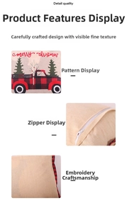 Close-up of embroidered Merry Christmas truck and high-quality invisible zipper on pillow cover