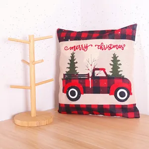 Linen Christmas pillow cover with red buffalo plaid truck and embroidery detail