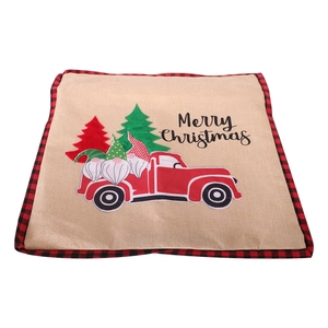 Linen Christmas pillow case with red car, tree and gnome embroidery on white backdrop