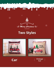 Detail of Christmas car pillows with buffalo plaid border and Santa Claus embroidery
