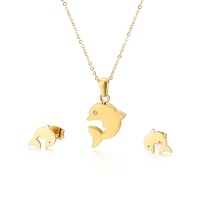 Dolphin Pendant Necklace And Stud Earrings 316L Stainless Steel Cubic Zirconia Minimalist Cute Style Women