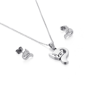 Elegant silver stainless steel jewelry set featuring hollow fox pendant necklace and earrings