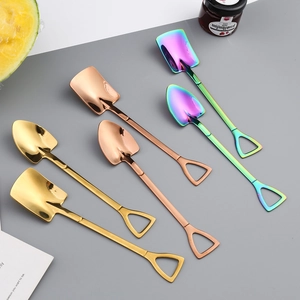 Set of 6 stainless steel spade shaped dessert spoons in gold, rose gold and rainbow colors