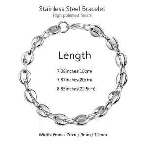 Sizing guide for stainless steel coffee bean chain bracelet with various widths and lengths