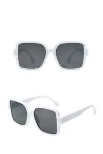 Front and side macro views of white oversized square sunglasses with gray lenses and rivet detail