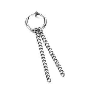 Detail of silver alloy hoop earring with two layered chains in urban industrial style