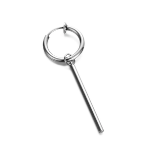 Detailed view of polished silver metal hoop earrings with vertical bar cross pendants