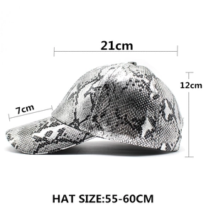 Detail view of snakeskin pattern baseball cap with dimensions and size specifications