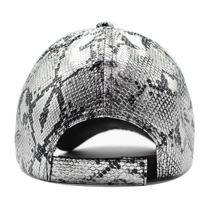 Detail view of the snakeskin pattern texture and velcro strap on the PU baseball cap
