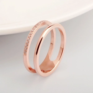 Double-layered rose gold titanium steel ring with micro-pave cubic zirconia accents