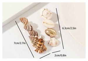 Detailed size specifications for natural seashell and conch hair clips in centimeters and inches