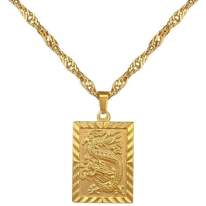 Minimalist gold titanium steel necklace with detailed dragon pendant on twisted chain