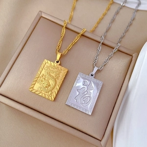 Minimalist gold and silver titanium steel necklaces with dragon and Fu character pendants