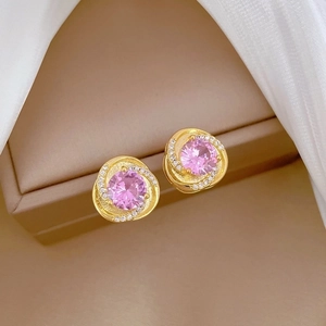 Elegant rose gold swirl stud earrings with pink gemstone and zircon crystals for women