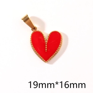 Detailed close-up of a red heart pendant with dimensions showing 19mm by 16mm size