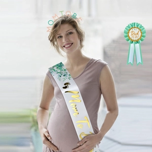 3-piece Mom To Be sash, headband, and Dad To Be badge set for baby shower parties