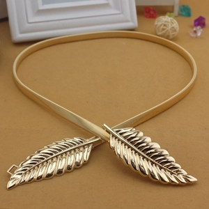 Elegant gold metal elastic waist belt with polished double leaf buckle for women