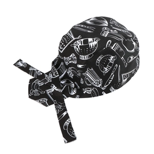 Adjustable chef bandana hat in black with white kitchen tool print and slogan