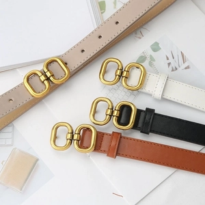 Women leather belts with gold double ring buckles in beige, white, black and brown