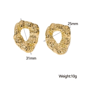Irregular hammered 18K gold plated earrings showing size 31mm and 10g weight details