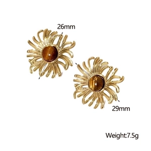 Macro shot of gold floral earrings with brown tiger eye stone, 26mm x 29mm size