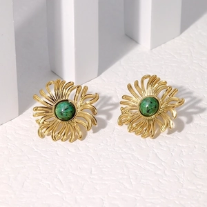 Elegant 18K gold plated stainless steel flower stud earrings with green malachite stone