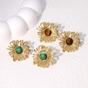 18K gold plated flower stud earrings with green and tiger eye stones on white background