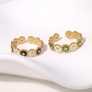 Daisy Flower Adjustable Open Ring Stainless Steel Enamel Elegant French Chic Floral Jewelry For Women