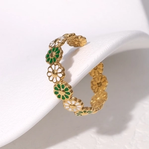 Daisy open ring in gold finish with white and green enamel flowers for women