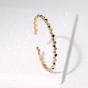 Minimalist 18k gold plated stainless steel open bangle with black circular inlay