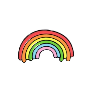 Detail of colorful rainbow enamel pin with dripping effect and black metal plating
