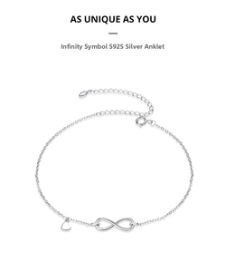 Detailed macro shot of the infinity symbol and heart pendant on an S925 silver anklet