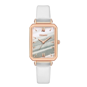 Minimalist rectangular rose gold watch for women with malachite texture and white strap