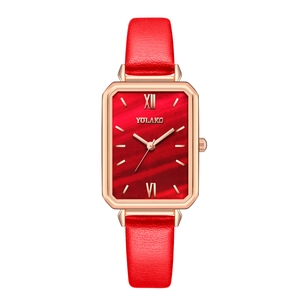 Elegant rectangular rose gold watch for women with red leather strap and wave dial