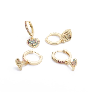 Golden heart earrings with multicolor zircon stones shown from multiple angles