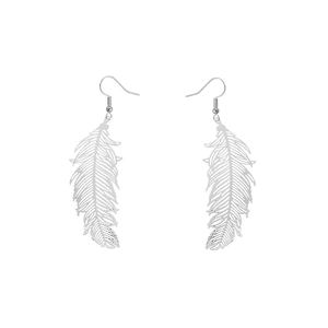 Macro detail of silver feather drop earrings with intricate hollow design and hooks