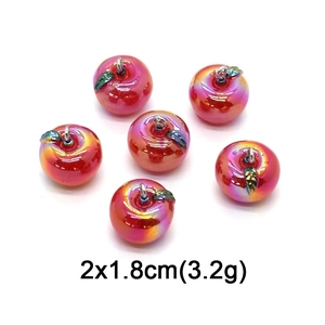 Detail showing pink iridescent apple charms with green leaf and size 2x1.8cm spec
