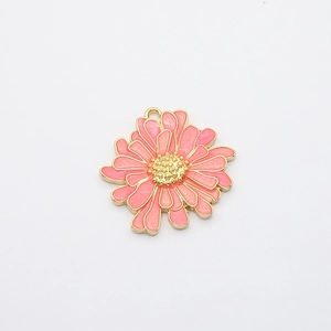 Pink daisy flower pendant with gold edges and enamel finish for DIY jewelry making