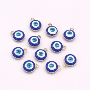 Detailed view of ten blue evil eye charms with gold-plated edges and small hanging loops