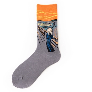 Detail of oil painting The Scream pattern on gray crew socks with orange cuffs