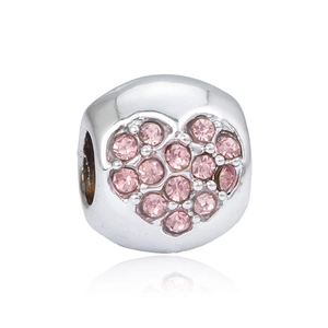 Sparkling pink rhinestone heart charm bead in silver finish for DIY jewelry bracelets
