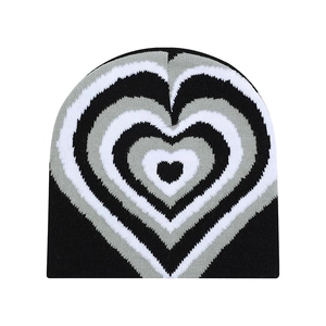 Winter knitted heart pattern beanie hat in black white and grey for men and women