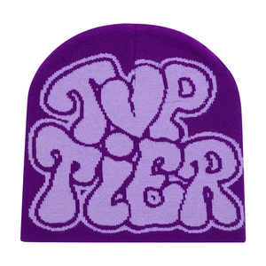 Detail of Top Tier purple knitted beanie showing soft jacquard fabric texture