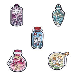 5pcs cartoon mushroom magic potion bottle enamel pins with inspirational text and vibrant colors