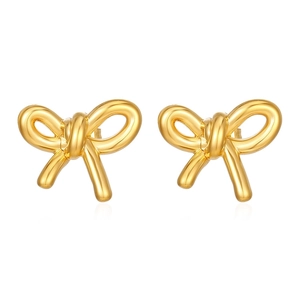 Elegant 18K gold plated bow earrings made of stainless steel on a white background