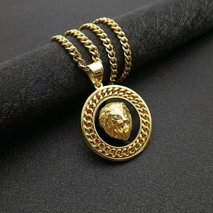 Hip-hop gold plated titanium steel necklace with detailed lion head pendant for men