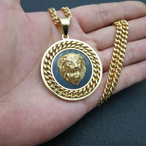 Hip hop gold plated stainless steel lion head pendant with cuban chain necklace