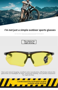 Detail of yellow night vision sports sunglasses with black semi-rimless cycling frame