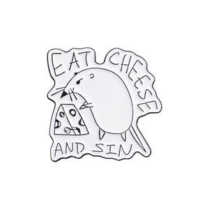 Cartoon mouse with cheese enamel pin featuring Eat Cheese and Sin text in black and white